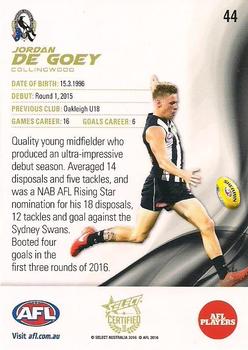 2016 Select AFL Certified #44 Jordan De Goey Back